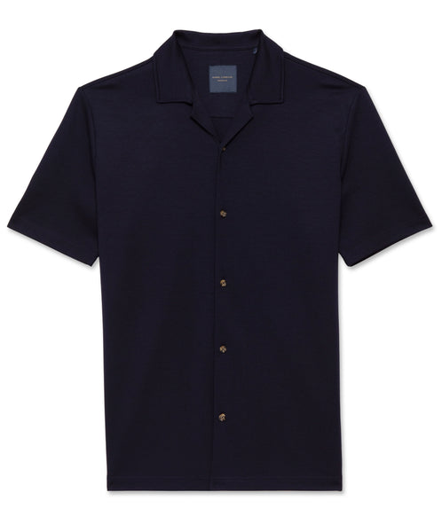 Guide London Heavy Knitted Revere Collar Jersey Short Sleeve Shirt in Navy