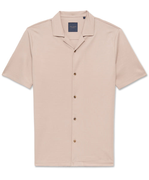 Guide London Heavy Knitted Revere Collar Jersey Short Sleeve Shirt in Stone Colour