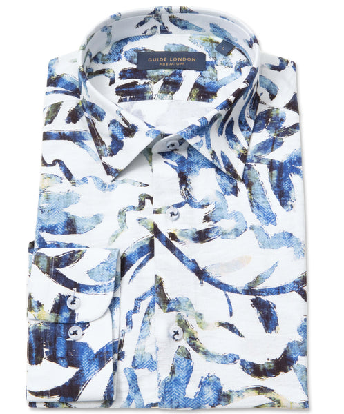 Guide London Distorted Print Textured Long Sleeve Shirt White/Blue