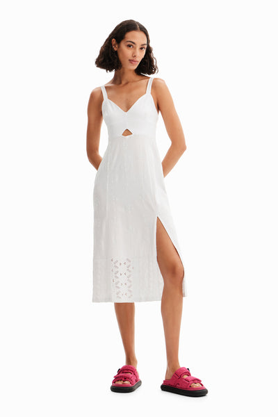 White dress with deals buttons on front