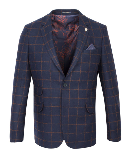 Guide London Navy Wool Blend Blazer with Tan Check