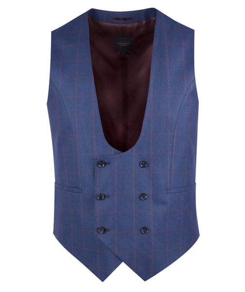 Guide London Navy Double Breasted Waistcoat with Plum Overcheck