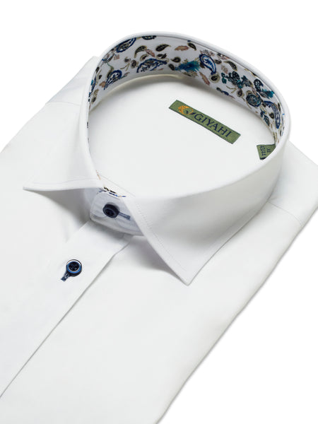 Giyahi Men’s White Luxury Dress Shirt – Paisley Contrast Collar & Cuffs