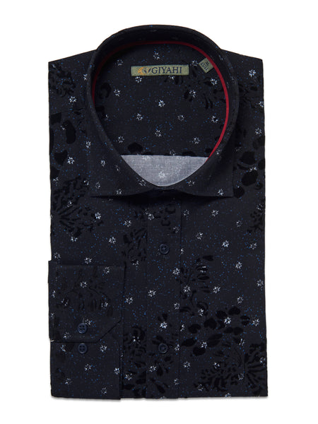 Giyahi Men’s Black Flock Pattern Dress Long Sleeve Shirt