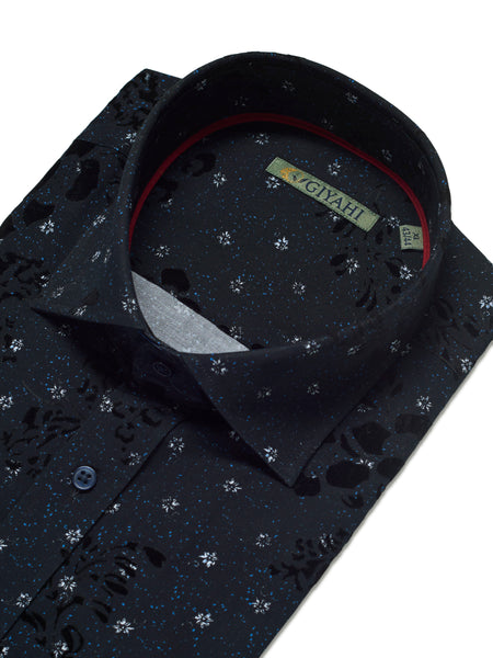 Giyahi Men’s Black Flock Pattern Dress Long Sleeve Shirt