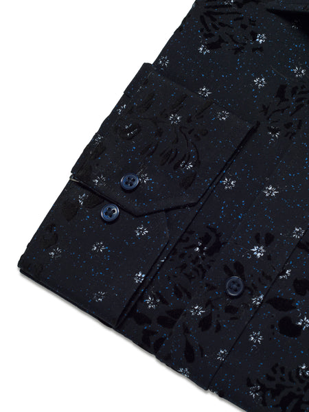Giyahi Men’s Black Flock Pattern Dress Long Sleeve Shirt