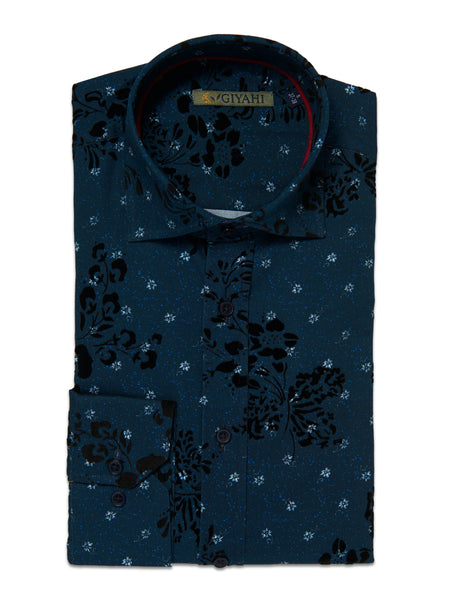 Giyahi Men’s Navy Blue Flock Pattern Dress Long Sleeve Shirt