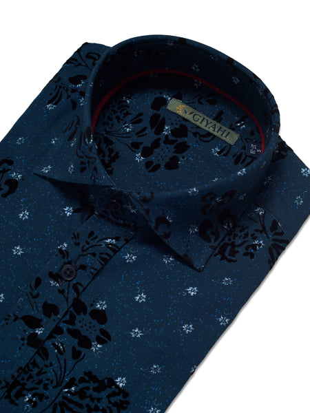 Giyahi Men’s Navy Blue Flock Pattern Dress Long Sleeve Shirt