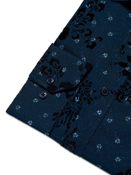 Giyahi Men’s Navy Blue Flock Pattern Dress Long Sleeve Shirt