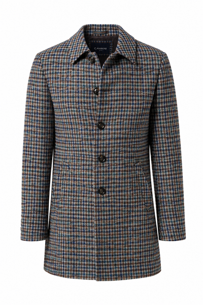 Cavani Men's Brown & Blue Houndstooth Check Overcoat