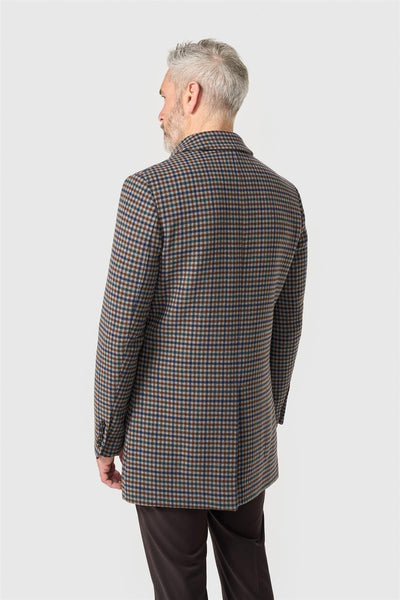 Cavani Men's Brown & Blue Houndstooth Check Overcoat