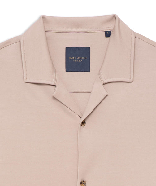 Guide London Heavy Knitted Revere Collar Jersey Short Sleeve Shirt in Stone Colour