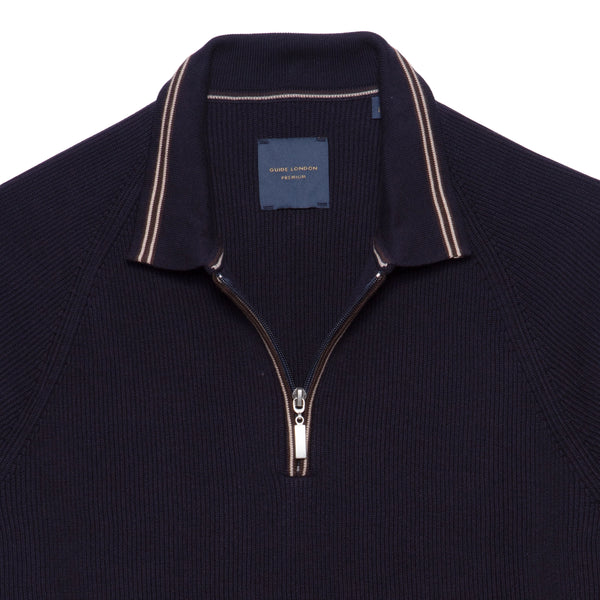 Guide London Braided Weave Cotton Knit with Zip Navy