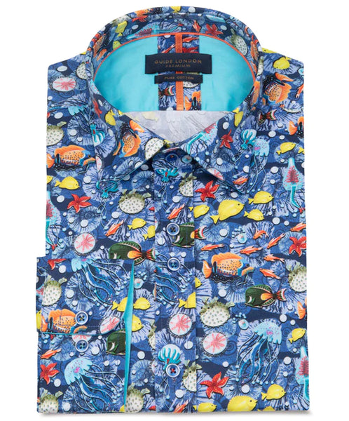 GUIDE LONDON VIBRANT FISH PRINT COTTON SHIRT