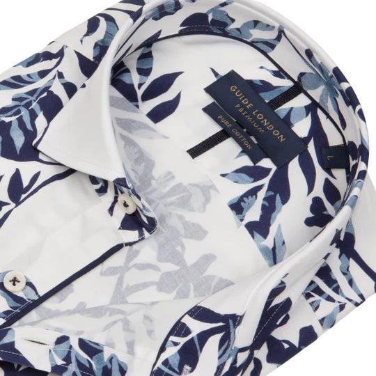 GUIDE LONDON SHADES OF BLUE ON CRISP WHITE COTTON LONG SLEEVE SHIRT