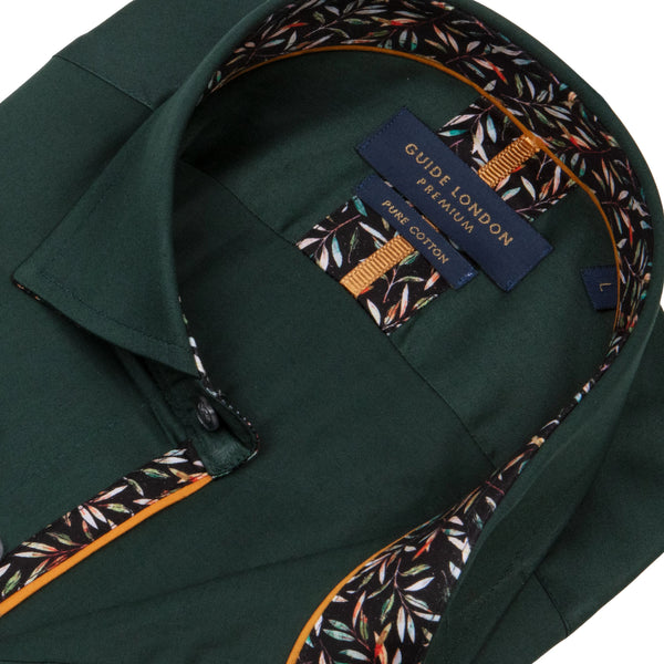 Guide London Men's Plain Shirt with Floral Patterned Inner Collar and Cuffs