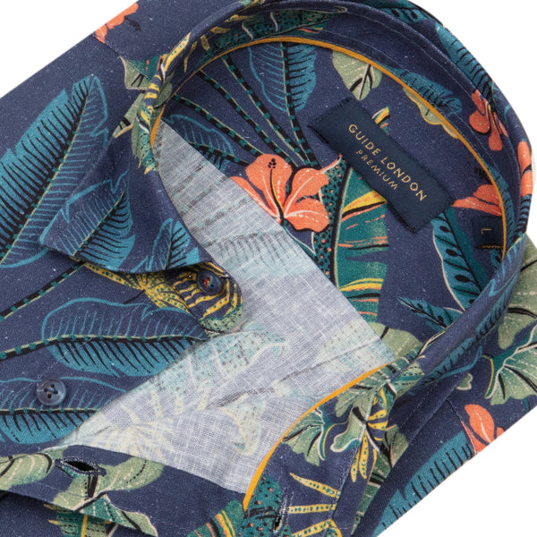GUIDE LONDON TROPICAL LEAF PATTERN COTTON LINEN SHIRT
