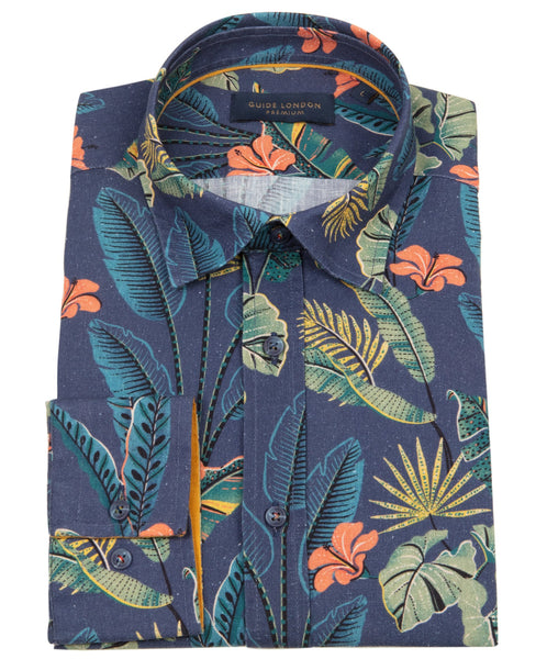 GUIDE LONDON TROPICAL LEAF PATTERN COTTON LINEN SHIRT