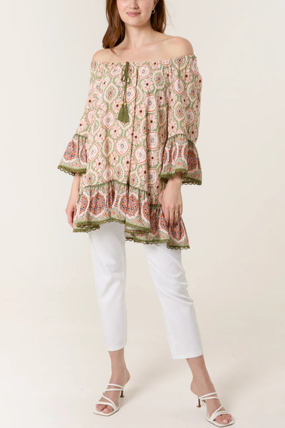 Nova Of London Printed Tassels Bardot Tunic Top