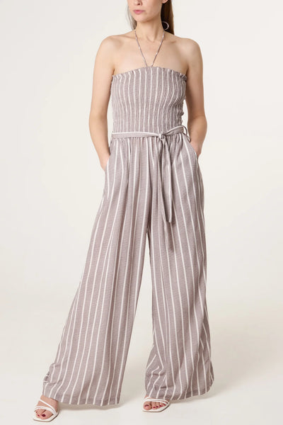 Shirred Tie Neck Striped Jumpsuit