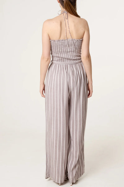 Shirred Tie Neck Striped Jumpsuit