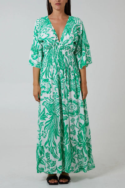 Floral Shirred Waist Maxi Dress Green