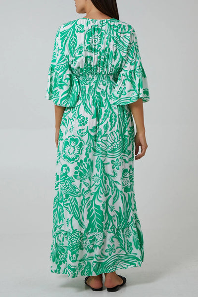 Floral Shirred Waist Maxi Dress Green