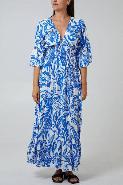 Floral Shirred Waist Maxi Dress Blue