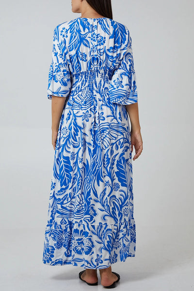 Floral Shirred Waist Maxi Dress Blue