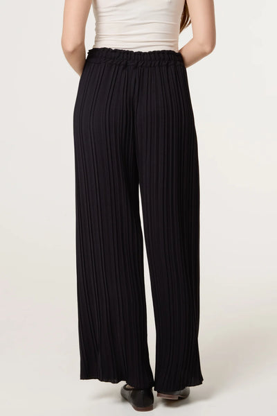 Wide Leg Plisse Drawstring Trousers Black