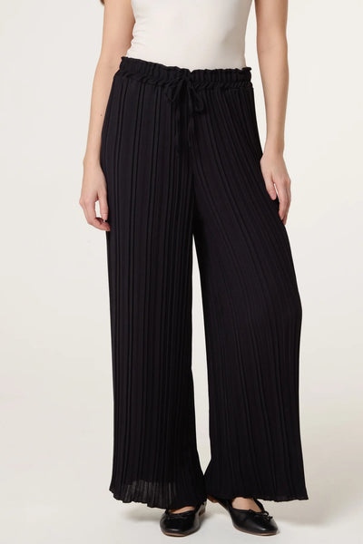 Wide Leg Plisse Drawstring Trousers Black
