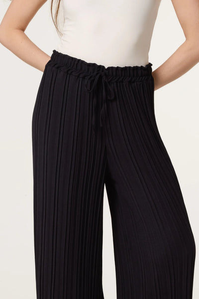 Wide Leg Plisse Drawstring Trousers Black