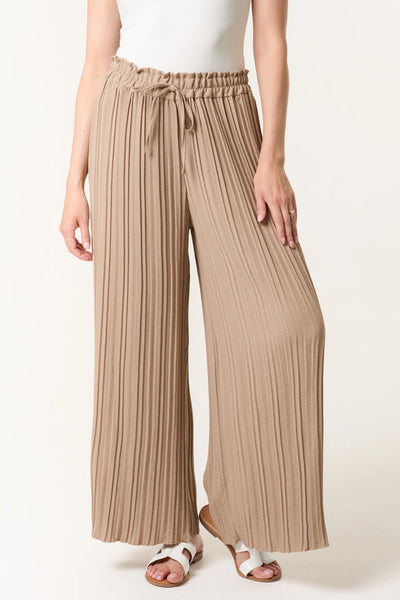 Wide Leg Plisse Drawstring Trousers Mocha