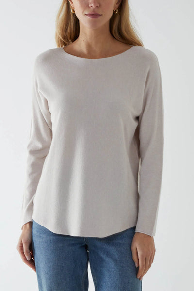 Round Neck Fine Knit Jumper Light Grey