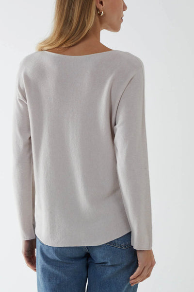 Round Neck Fine Knit Jumper Light Grey