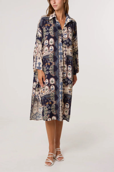 Patchwork Collar Pockets Midi Dress in Navy