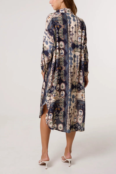 Patchwork Collar Pockets Midi Dress in Navy