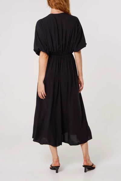 Elasticated Neck Crushed Midi Dress in Black