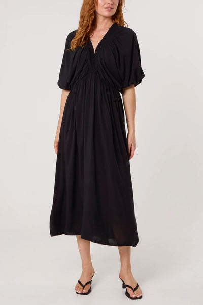 Elasticated Neck Crushed Midi Dress in Black
