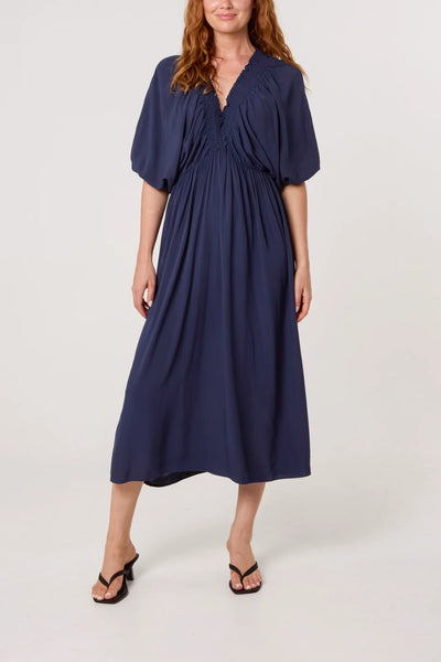 Elasticated Neck Crushed Midi Dress in Navy