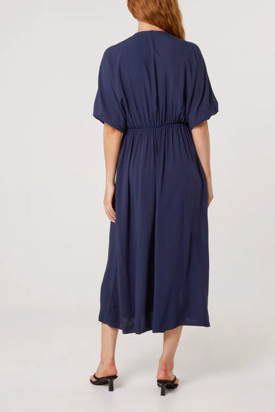 Elasticated Neck Crushed Midi Dress in Navy