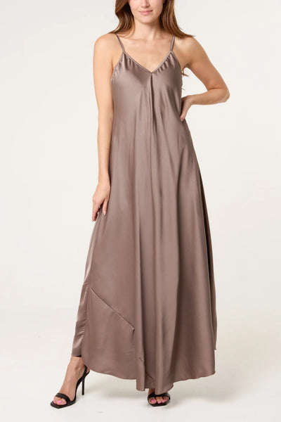 Open Knit Top & Satin Dress Set in Mocha/Brown