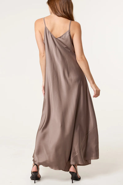 Open Knit Top & Satin Dress Set in Mocha/Brown