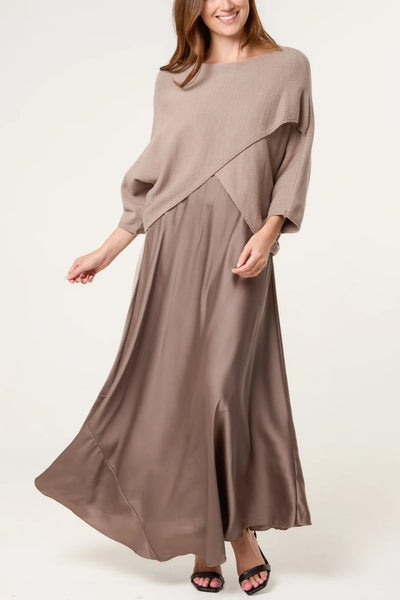 Open Knit Top & Satin Dress Set in Mocha/Brown