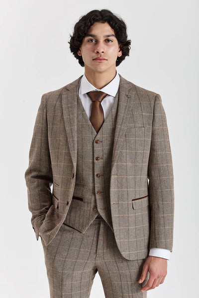 Paul Andrews Harris Brown Herringbone Tweed Check Three Piece Suit