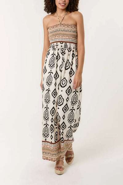 Tribal Print Shirred Bodice Halter Neck Jumpsuit