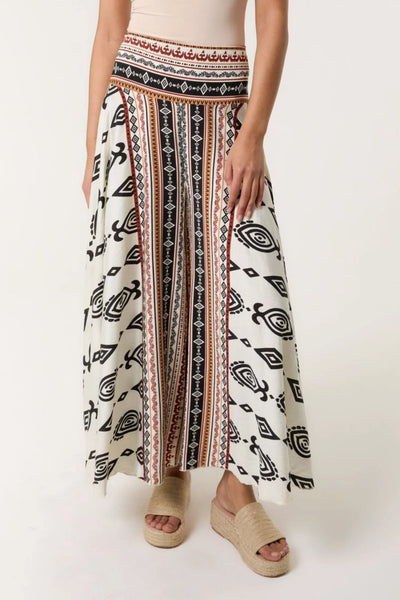 Aztec Print Wide Palazzo Trousers Stone
