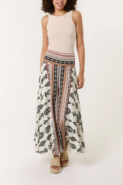 Aztec Print Wide Palazzo Trousers Stone