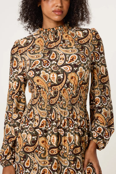 Nova Women's Brown Paisley Print Long Sleeve Midi Dress