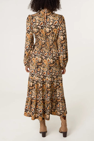 Nova Women's Brown Paisley Print Long Sleeve Midi Dress